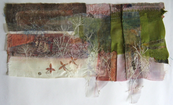 Preniac Grasses, Urban Nature series. Paper and textiles layers, print, worked on top of an old tea towel, dye, paint, print, machine and hand embroidery. 30X50cm (private collector). Photo: Cas Holmes.