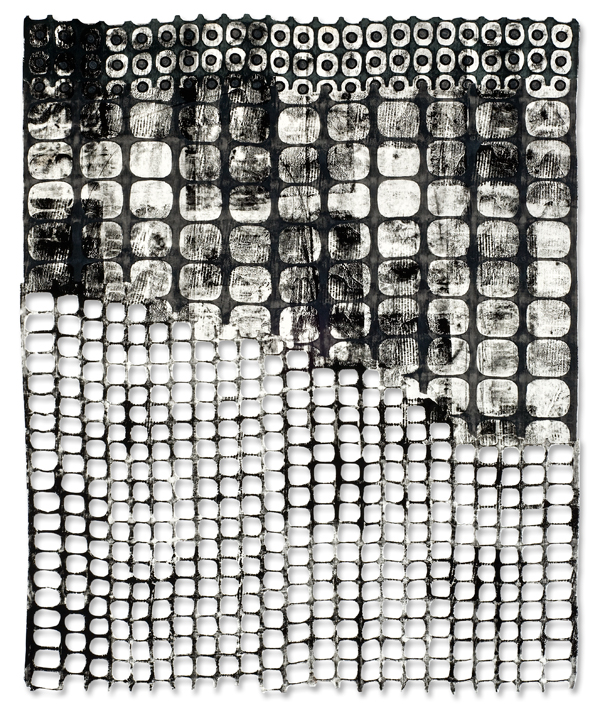 The Fence As Lace #2, 60 x 48", 100% cotton, paint, thread, Monoprinted, handstamped, handpainted, stitched, cut stiffened fabric, Photo credit: Joe Ofria.