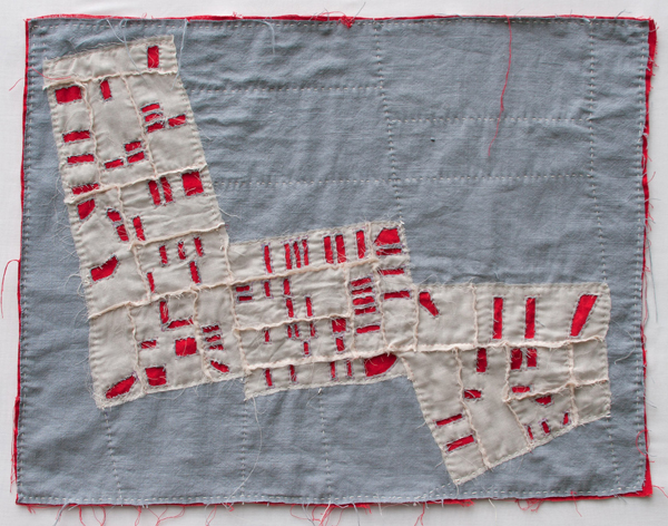 Southern Chase Foreclosure Quilt, 23"w x 30"h, Tea stained voile, cotton, linen, yarn and embroidery thread, Hand sewn quilt, Photo: Kathryn Clark
