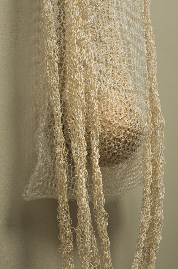 Sack 2, 2011, detail, 41.5" x 14.25" x 5.5", Silk, monofilament, wood, iron. Technique crochet. Photo: John Carlano.