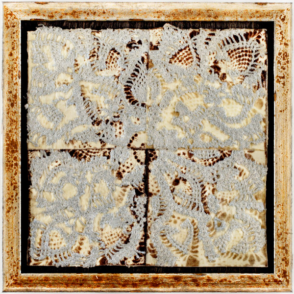 Krakow Fragment, IV, 12 x 12 inches, Hand dyed fabric, van dyke printed, discharged, altered dyed lace, mounted on board and stiffened and waxed. Photo: Mark Frey.