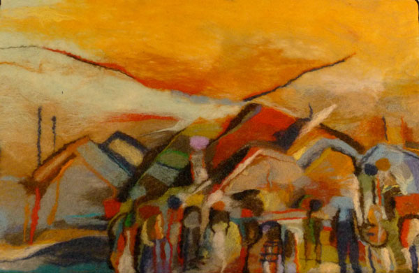 Village, 28" x 22", wool, needle and hand felted. Photo: Robin Wiltse