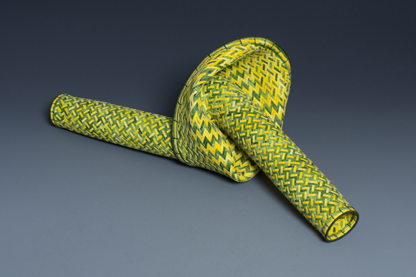 Broken, watercolor paper, acrylic paint, waxed linen thread, 2012, 8 x 20 x 8", diagonal twill woven basketry, sewn rim, Photo: Ken Rowe