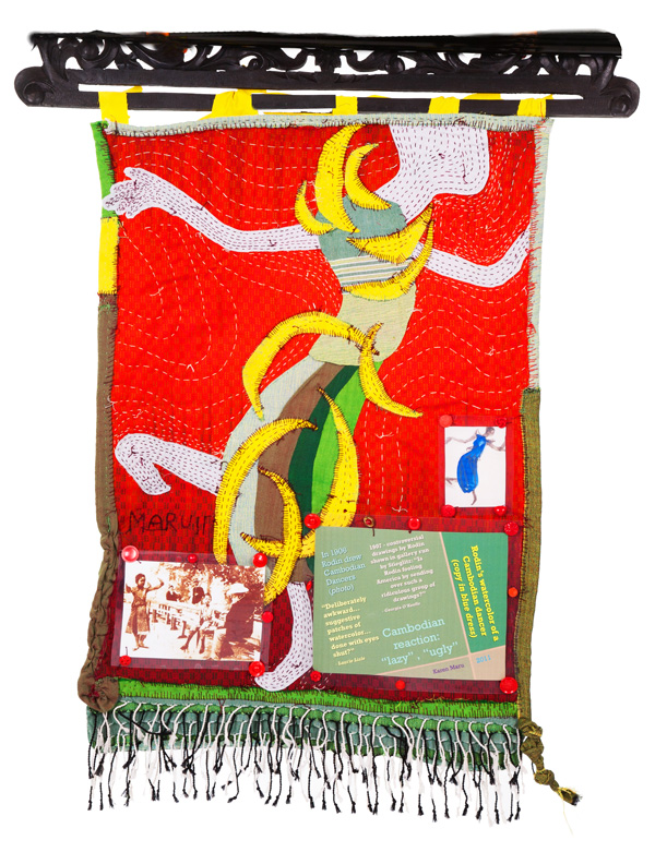 Aspara 16, 33W x 40H, fibre, textiles I collected in the region and cloth I created. Fibre techniques are drawing, painting, machine and hand sewing