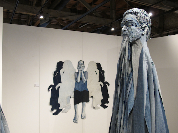 Totemic Figures, denim, wooden structure, 2014, 78 x 48 x 48 inches, denim applique, Photo: James Arendt