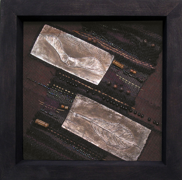 Herbarium I, 2004 8" x 8" collage – hand woven fabric, distressed aluminium foil impressions, photo: Milena Radeva