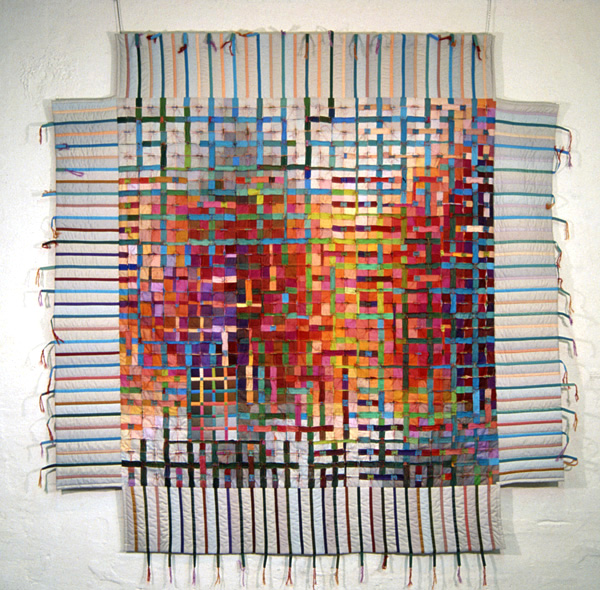 Hot Days in April, 1990, 240 x 240 cm. machine pieced, hand quilted with surface embellishment. Banff, a Stitch in Time, September 91 Ontario Crafts 91, Premier's Award, To Japan for New Wave Quilt Show, 91/92.