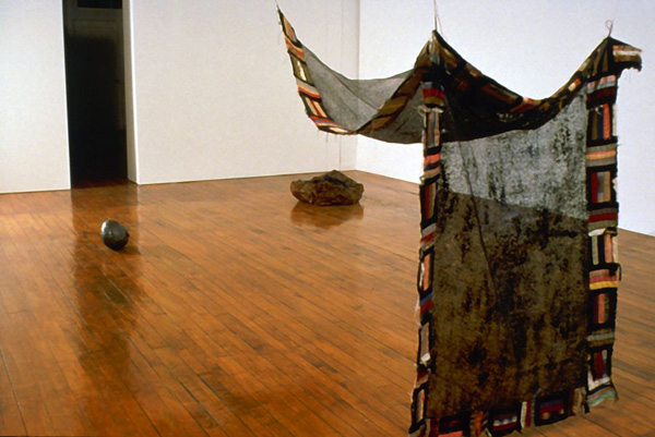 Installation shot of exhibition 'lead head' at V. MacDonnell Gallery 1999, in foreground: Remnant, found fabric, Japanese tissue, embroidery thread, tar, dimensions variable, Photo: Jonathan Sheinbaum