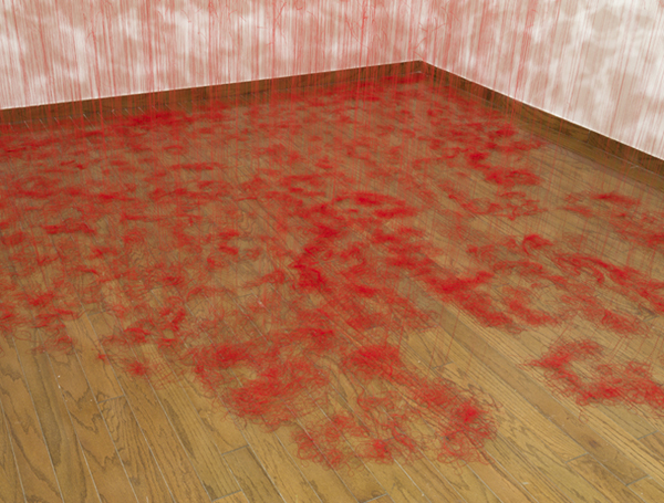 Rice is Life, detail, sushi, red & black rice, threads, 2014, tied threads, cooked rice, installation: Everson Museum, Syracuse, New York, USA, photo: David Broda.