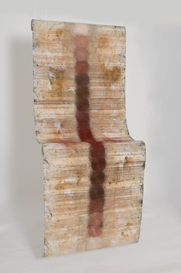 "Nasar", digitally printed fabric, vinyl (distressed), ink, embroidery floss, (approx. 400 hours of hand-stitching), 108" x 36", 2009.