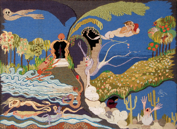 The Poet's Garden, 19 in H x 25 in W, 1995. Wool, cotton and silk threads on needlepoint canvas. Photo: Abar Color Labs.