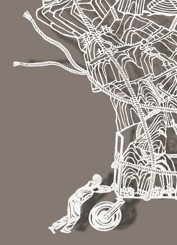 Pushing Mountains, detail, 12”x27”, Cut Paper, Chinese Rice Paper on Silk