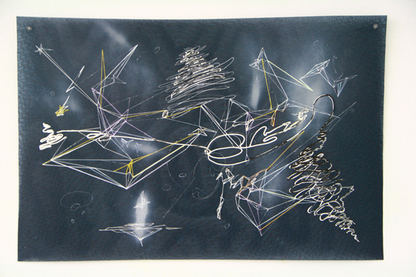 Space Clash, 25" x 38", ink, paint, markers on plastic. Photo: Cathy Breslaw.