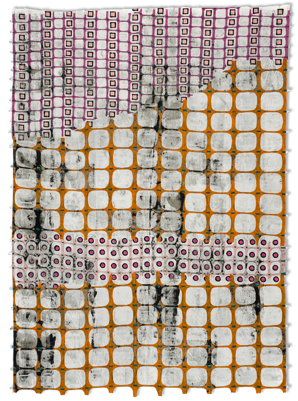 The Fence As Lace #1, 66 x 48", 100% cotton, paint, thread, Monoprinted, handstamped, handpainted, stitched, cut stiffened fabric, Photo credit: Joe Ofria