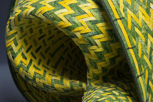 Broken, detail, watercolor paper, acrylic paint, waxed linen thread, 2012, 8 x 20 x 8", diagonal twill woven basketry, sewn rim, Photo: Ken Rowe