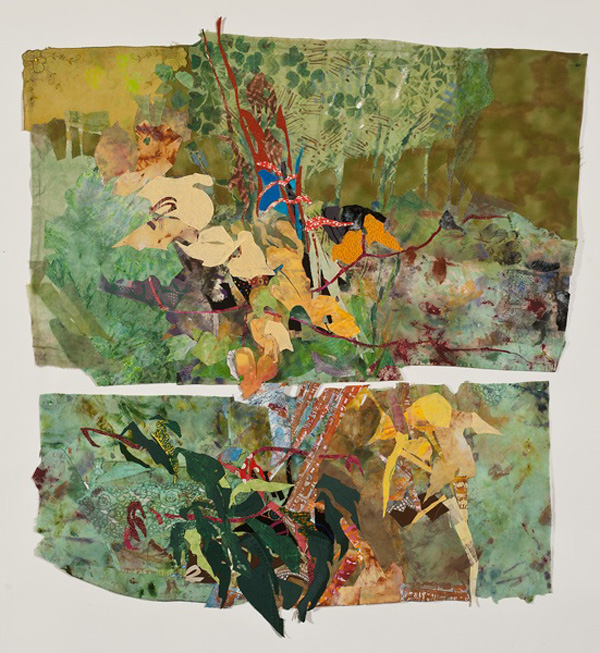 Fall Grape, 40"x42", painted vintage linens, artist brush cleaning rags, commercial fabrics, machine stitching. Photo: Susan Byrne Photography.