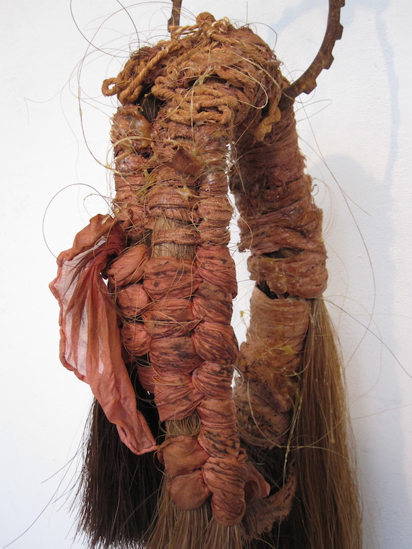 Remains of the Ephemeral IV, detail, 2014, 32”H x 6”W, horsehair, hand-dyed raw silk, cotton, rubber latex, rusted steel. Technique: Hand-woven sculpture. Photo: Thomas Blanchard. 