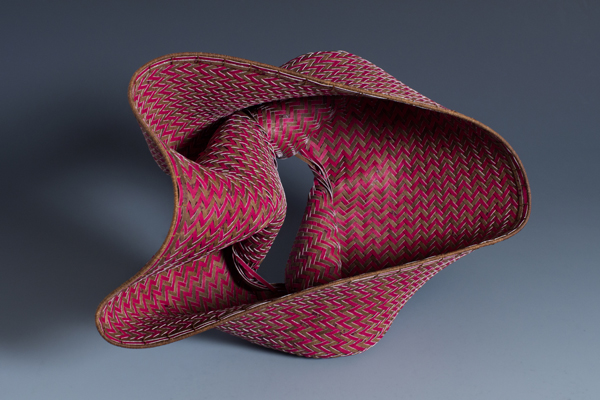 Displacement, watercolor paper, acrylic paint, waxed linen thread, 2012, 9 x 14 x 8", diagonal twill woven basketry, sewn rim, Photo: Ken Rowe