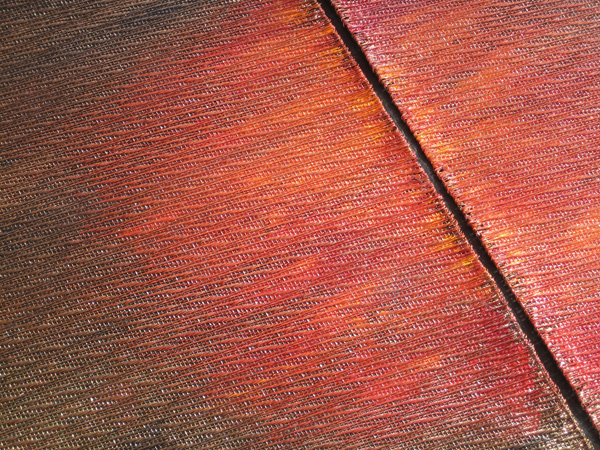 Detail: Copper Ikat, Red, 2010. Hand-woven copper in undulating twill with oil paint and varnish. 61 cm h by 51 cm w.