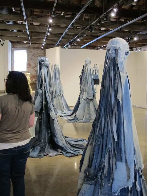 Totemic Figures, denim, wooden structure, 2014, 78 x 48 x 48 inches, denim applique, Photo: James Arendt