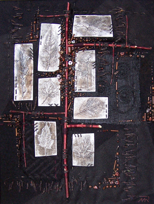 Herbarium II, 2004 8" x 8" collage – hand woven fabric, distressed aluminium foil impressions, photo: Milena Radeva, Exhibited in the 2005 World of Threads Festival, Common Thread Exhibition.