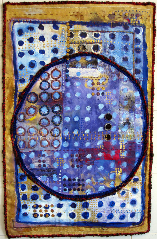 Light of the Moon. Acrylic paint, wool and cotton threads, canvas, paper. Stitched Collage. 36" wide by 41" high. 2009. photo J Martin.
