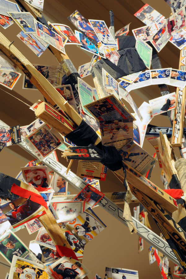 Maple LEAF Tree (detail #1), recycled hockey sticks and hockey cards on wooden armature, height is 14 feet tall, 2008.