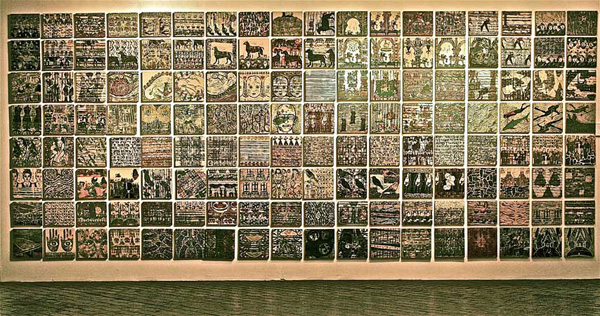 Marginalia 2, installation of printed, painted and carved wood panels, 10 x 10 inches each, 2008