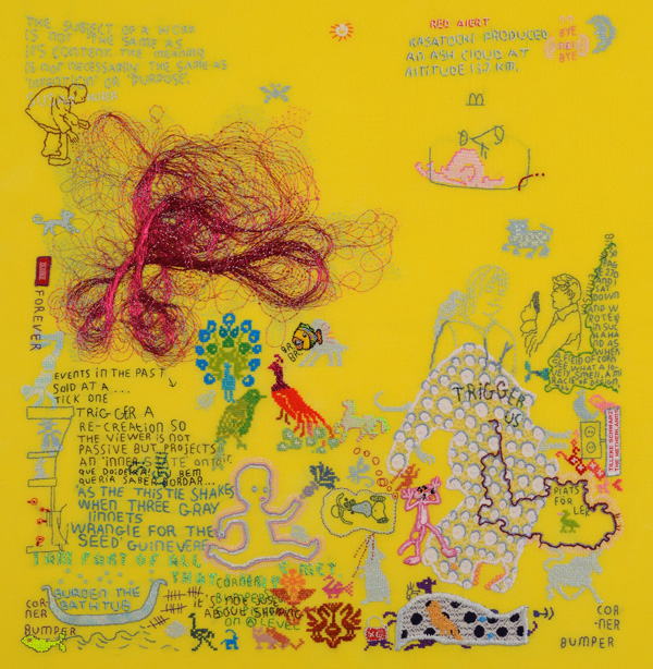 Playground., hand embroidery on fine linen (50 count, evenweave) with a variety of fine threads (cotton, silk, rayon, polyester, metal). 55 x 51 cm. Photo: Rob Mostert.