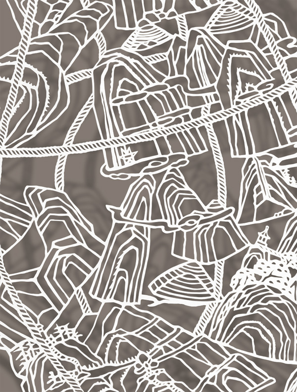 Pushing Mountains, detail, 12”x27”, Cut Paper, Chinese Rice Paper on Silk