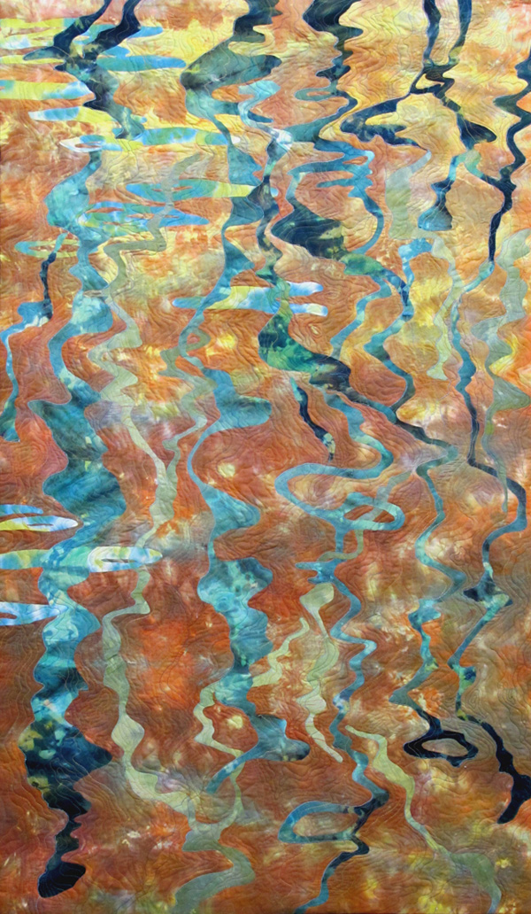 Reflections, Phoenix, Arizona, var. 17, Hand-dyed and over-dyed fabrics, collaged, fused, free motion machine stitched, 2011, 36 x 61