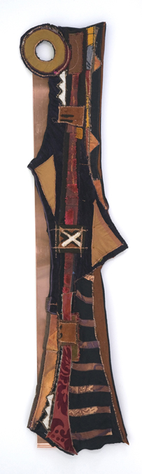 Totem, New, found and embellished textiles, copper, copper wire, 18" X 50", 2011, Photo credit: Mark Vander Vennen