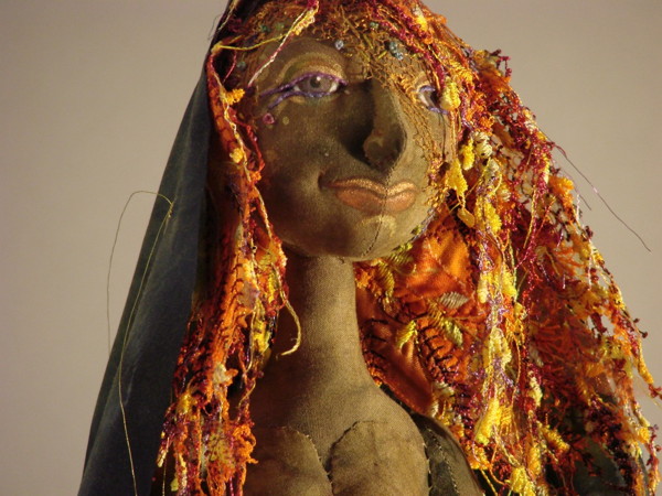 Detail: Night Garden, 18" H, hand dyed cottons, silk, recycled silk blouse, beads, chiffon, wooden stand.