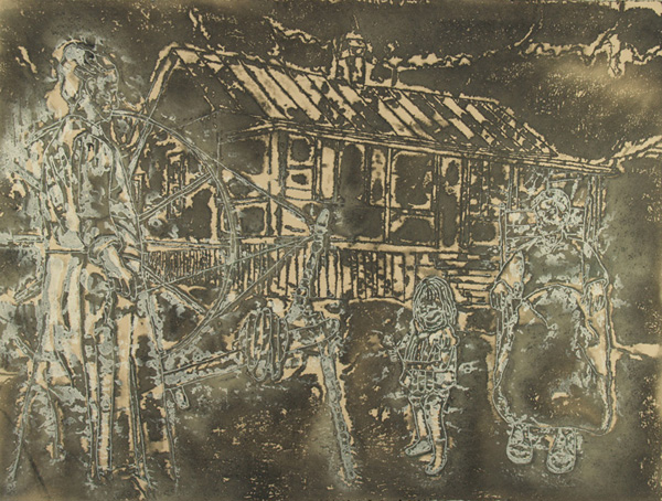 Arrowmont: Spinning Wheel #5, 30" x 22", acrylic inks on 100% cotton paper (tan), monoprint, photo: Anna Keck