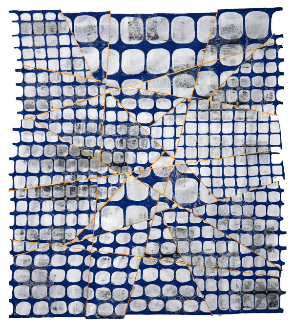 Fractured Fence Repaired #6, 43 x 38", 100% cotton, paint, thread, Monoprinted, handpainted, stitched, cut stiffened fabric Photo credit: Jeanne Williamson.