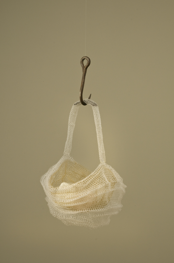 Brown and White (Basket), 2010, 27" x 18.5" x 11.75", Monofilament, thread, iron. Technique crochet. Photo: John Carlano.