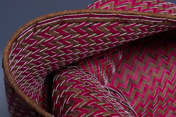 Displacement, detail, watercolor paper, acrylic paint, waxed linen thread, 2012, 9 x 14 x 8", diagonal twill woven basketry, sewn rim, Photo: Ken Rowe