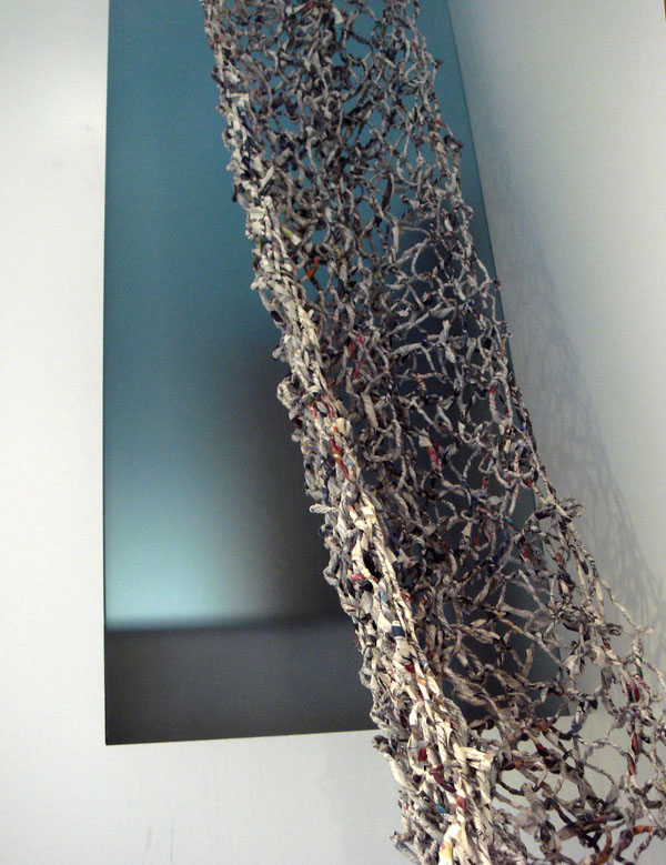 Freefall (close up), newspaper, spinning technique and knitting technique, 2013.