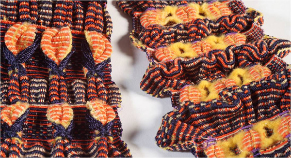 Aquatic Series: sample 1, 2010. Cotton, rayon, wool and elastic. Multi-layered block-weave structure created on a 24 harness compu-dobby loom. Detail: 7" x 3" x ½" 

Sample explorations demonstrate my design impulse and my attraction to form, texture and color