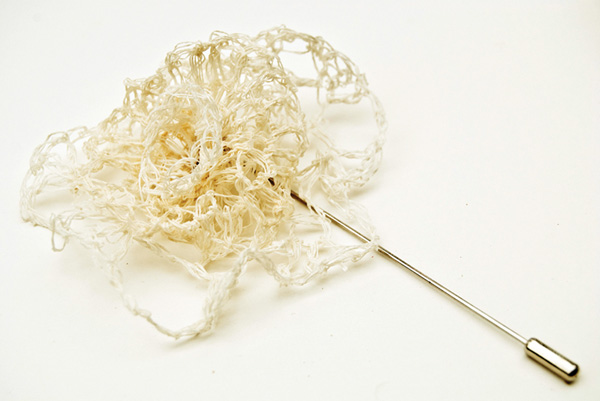 Hand-spun Paper Brooch, 2010, 11.5 cm h x 6.35 cm w x 3.8 cm d, Hand-spun kozo paper, crochet, Konnayaku starch. Photograph: Lizz Aston