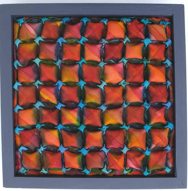 Point on Point II, 06/06/11, 23x23x2 cm, 100% silk, Fibre reactive Reverse Flower smocking stitch, dyes with wax and gutta resist on hand painted silk, photo: B Hilts.