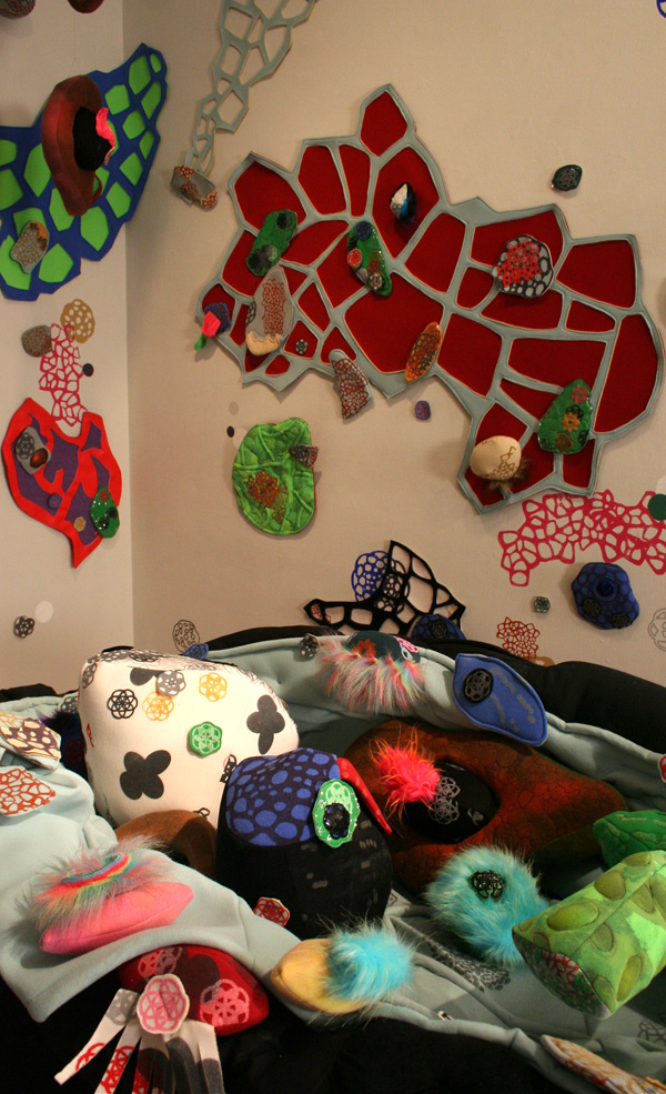 Connecting the Dots- A collaboration with artist Terri Dilling (detail), 2012, repositional fabric free motion machine embroidered, interactive (Leisa Rich)