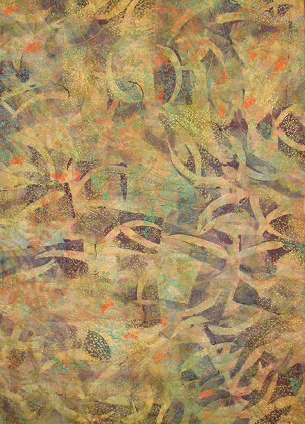 Forest Floor, var. 1, Hand-dyed, over-dyed whole cloth, painted, silk screened, free motion machine stitched, 2007, 32.5 x 44.5