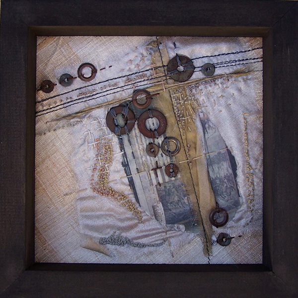 Junction, 2006, 8" x 8" collage – fabric, paper, metal findings, embroidery, photo: Milena Radeva.