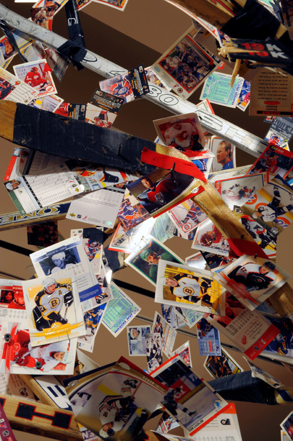 Maple LEAF Tree (detail #2), recycled hockey sticks and hockey cards on wooden armature, height is 14 feet tall, 2008.