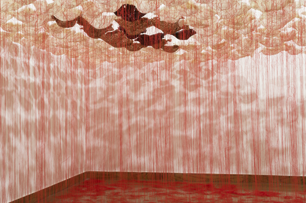 Rice is Life, detail, sushi, red & black rice, threads, 2014, tied threads, cooked rice, installation: Everson Museum, Syracuse, New York, USA, photo: David Broda.
