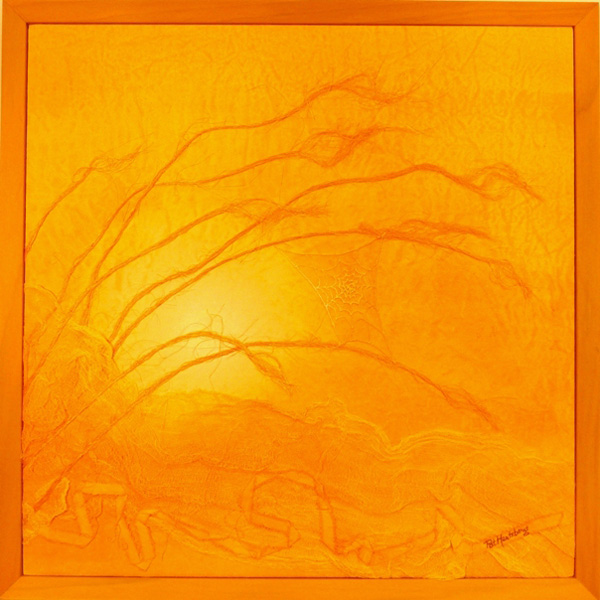 Prairie Sun, 24" x 24"; materials: canvas, jute, scrim, cotton & thread; techniques: dye, over dye, paint, freemotion embroidery