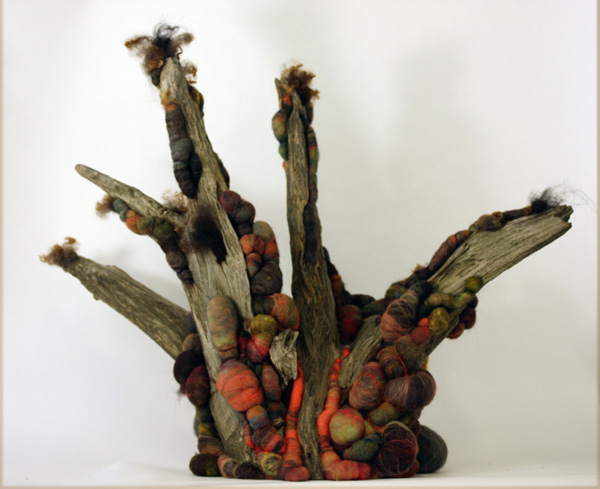 What Looks Like an Elephant – 20 x 27 x 18 in., wool and found driftwood; needlefelting. Photo by artist
