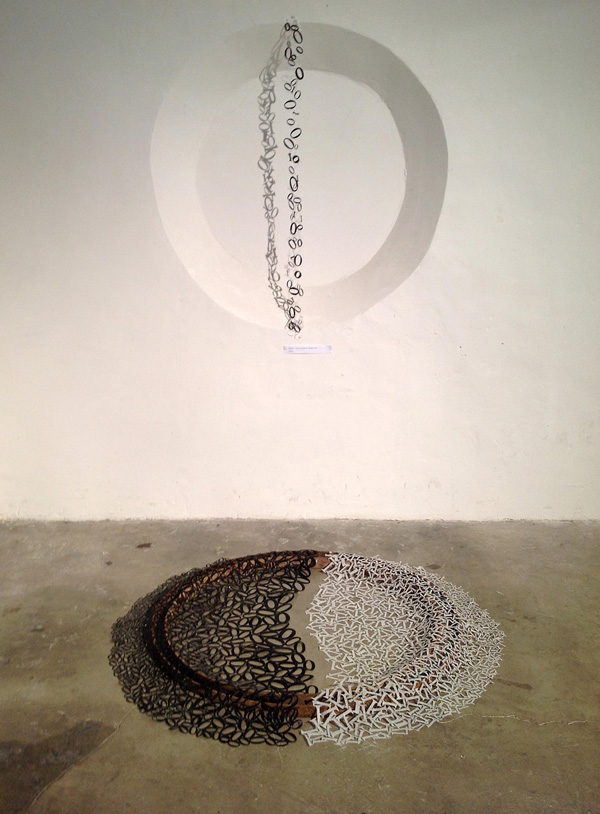 Binary world, lutradur, staple, cutting, stapling, ground piece, 53"(w) x 53"(L) x 6" (h), photo: Xia Gao