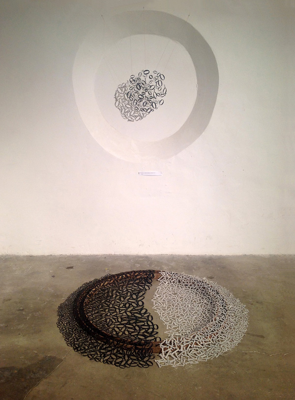 Binary world, lutradur, staple, cutting, stapling, ground piece, 53"(w) x 53"(L) x 6" (h), photo: Xia Gao